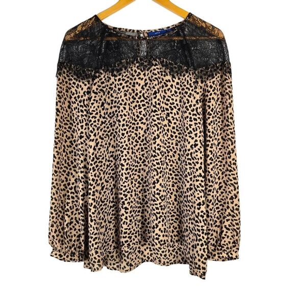 Leopard Print Top with Black Lace Detail - Picture 1 of 8